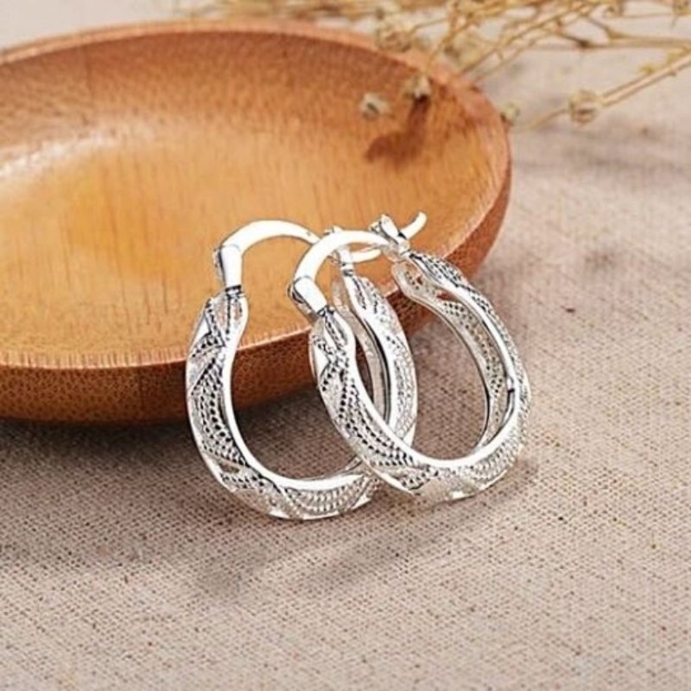 New Sterling Silver Boho Latch Back Diamond Cut Fancy Filigree Hoop Earrings - Picture 12 of 13